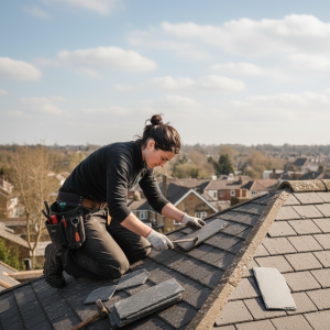 A woman engaged in roofing work with a hammer, highlighting the expertise of Stevenage roofers.
